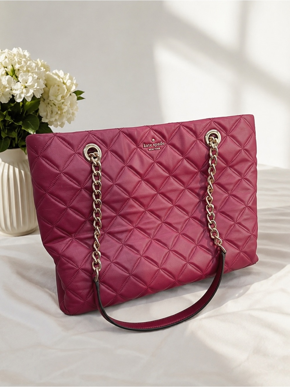Kate Spade Quilted Burgundy Chain Strap Tote Gold Hardware Coquette Designer